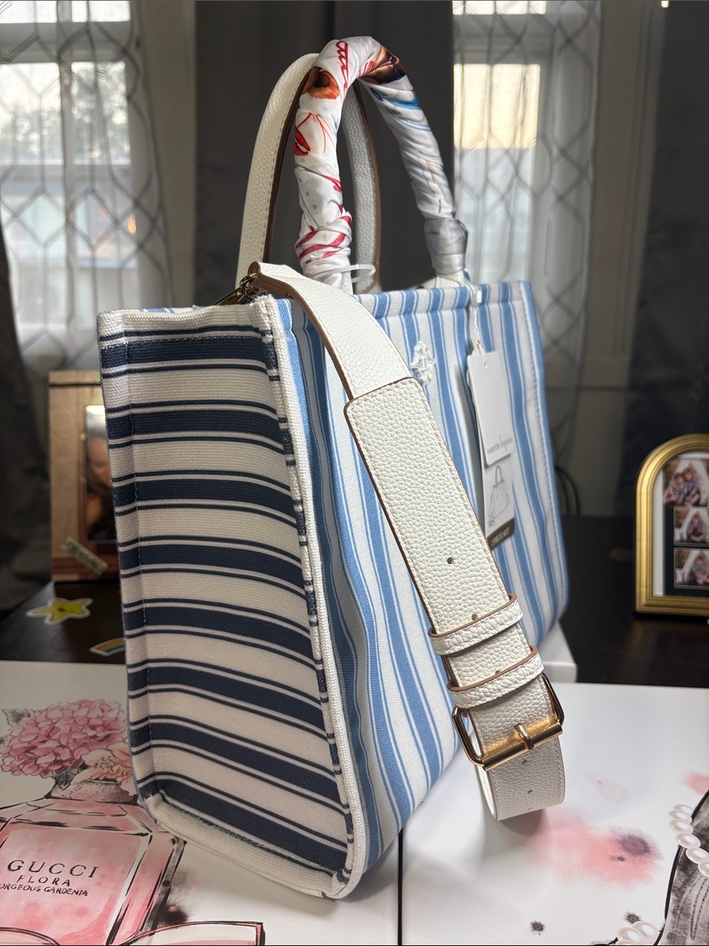 NWT 2FER Nanette Lepore 2 Piece Blue White Striped Crossbody Handbag + SCARF - Picture 4 of 16